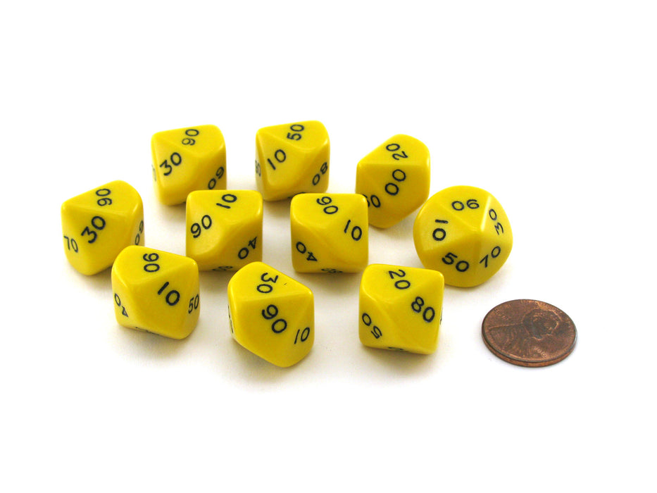 Pack of 10 Tens D10 (00-90) 16mm Opaque Dice - Yellow with Black Numbers