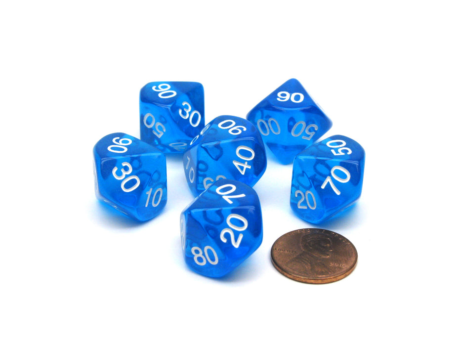 Pack of 6 Tens D10 10-Sided Transparent Dice - Blue with White Numbers