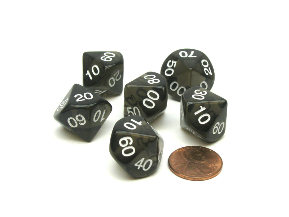 Pack of 6 Tens D10 10-Sided Transparent Dice - Smoke with White Numbers