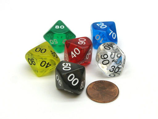 Pack of 6 Tens D10 16mm Transparent Dice -1 of Green Blue Black Clear Red Yellow