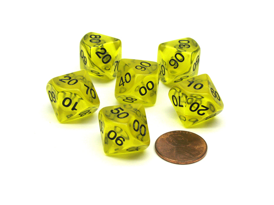 Pack of 6 Tens D10 10-Sided Transparent Dice - Yellow with Black Numbers