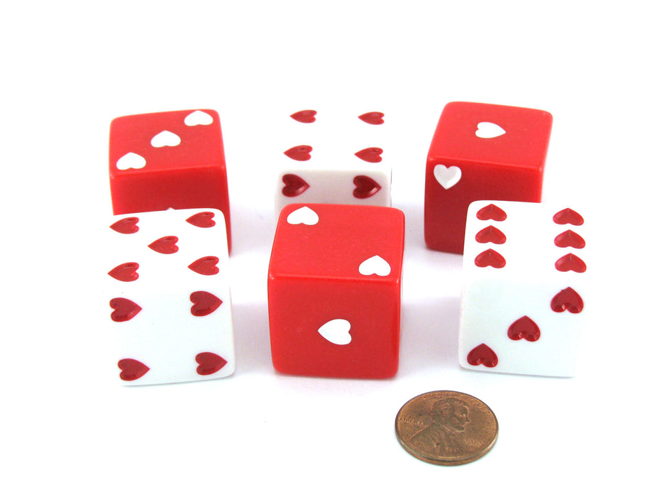 Pack of 6 Heart Pip D6 25mm Large Jumbo Love Dice - 3 Red and 3 White