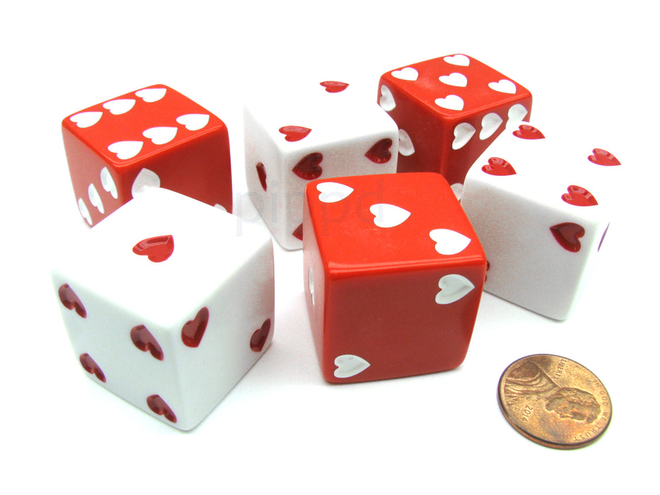 Pack of 6 Heart Pip D6 25mm Large Jumbo Love Dice - 3 Red and 3 White