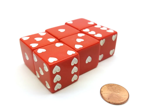 Pack of 6 Heart Pip D6 25mm Large Jumbo Love Dice - Red with White Hearts