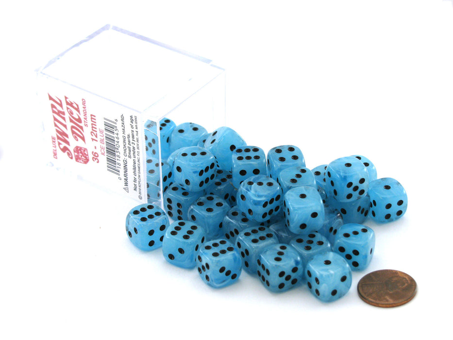Case of 36 Deluxe Swirl Small 12mm Round Edge Dice - Ice Blue with Black Pips