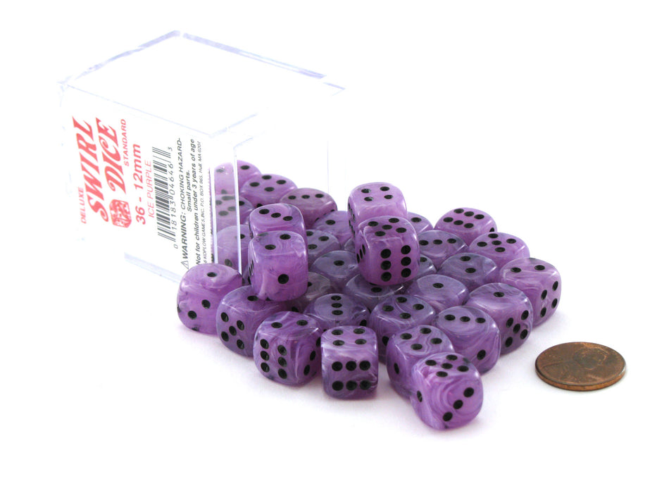 Case of 36 Deluxe Swirl Small 12mm Round Edge Dice - Ice Purple with Black Pips