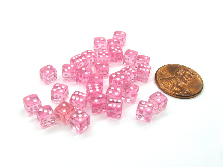 Set of 30 D6 5mm Transparent Rounded Corner Dice - Pink with White Pips