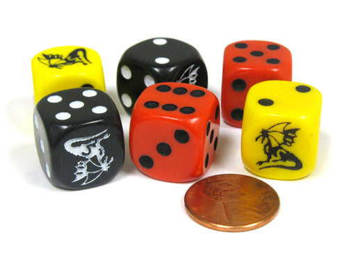 Set of 6 Dragon 16mm D6 Round Edge Creature Dice - 2 Each of Red, Black, Yellow