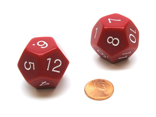 Pack of 2 D12 Opaque 30mm Jumbo Dice - Red with White Numbers