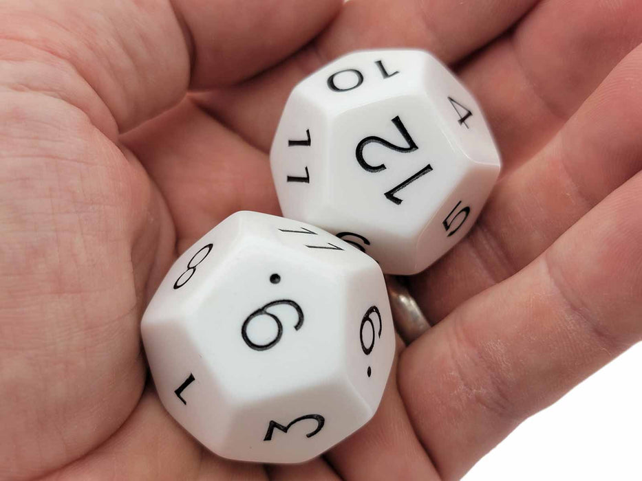 Pack of 2 D12 Opaque 30mm Jumbo Dice - White with Black Numbers
