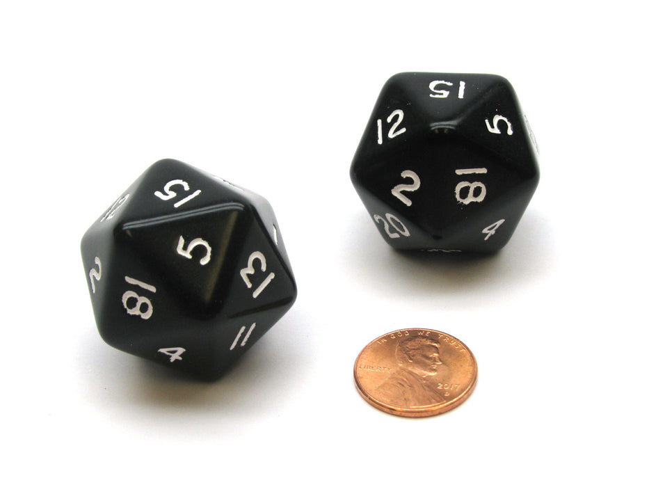 Pack of 2 D20 Opaque 29mm Jumbo Dice - Black with White Numbers