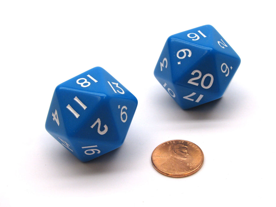 Pack of 2 D20 Opaque 29mm Jumbo Dice - Blue with White Numbers