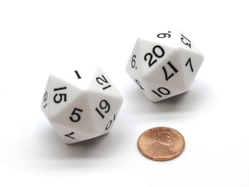 Pack of 2 D20 Opaque 29mm Jumbo Dice - White with Black Numbers