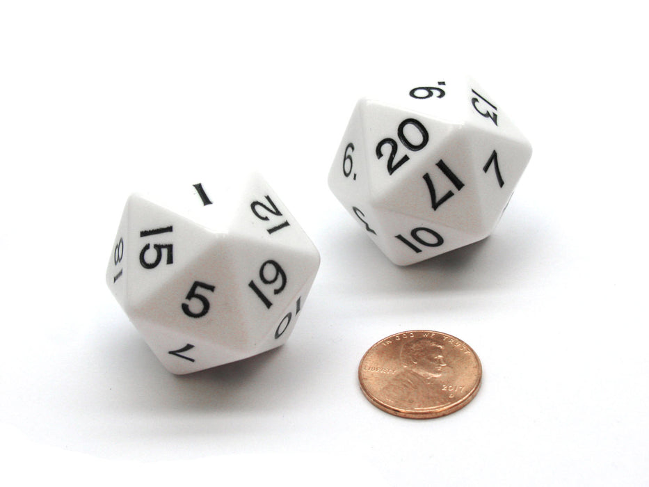 Pack of 2 D20 Opaque 29mm Jumbo Dice - White with Black Numbers