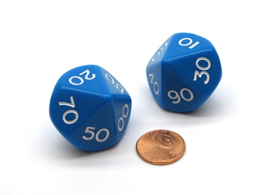 Pack of 2 Tens D10 Opaque Jumbo Dice - Blue with White Numbers