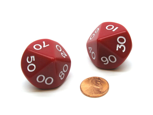 Pack of 2 Tens D10 Opaque Jumbo Dice - Red with White Numbers