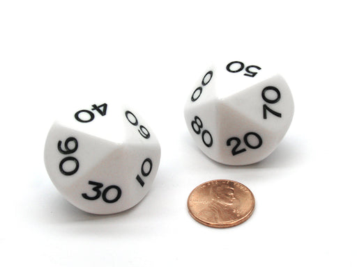 Pack of 2 Tens D10 Opaque Jumbo Dice - White with Black Numbers