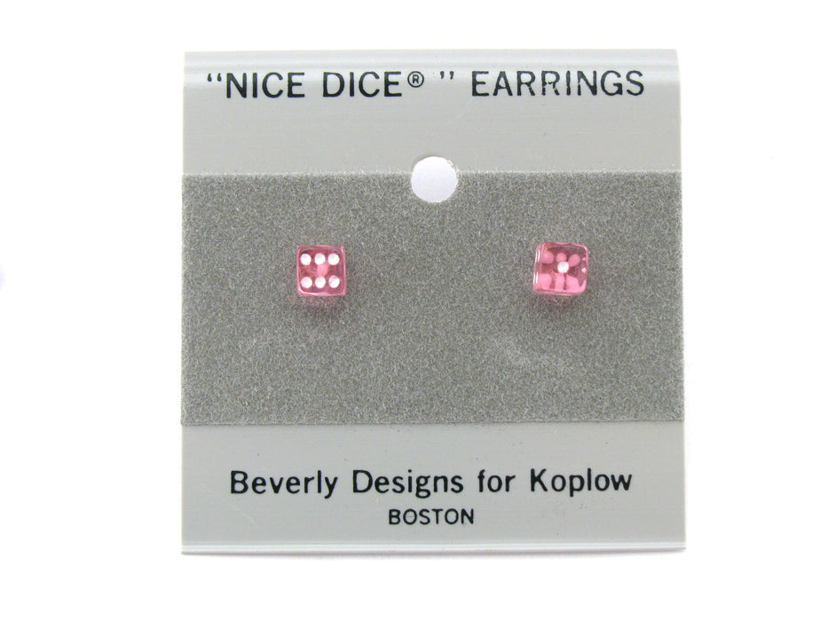 Tiny 5mm Post Stud Dice Earrings - Transparent Pink with White Pips