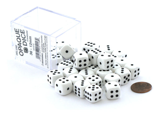 Case of 36 Deluxe Opaque Small 12mm Round Edge Dice - White with Black Pips