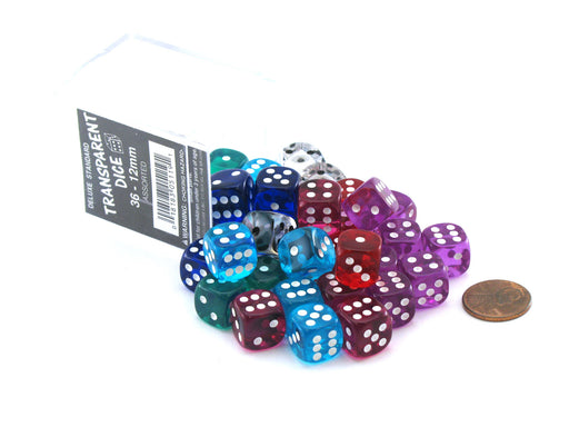 Case of 36 Deluxe Transparent Small 12mm Round Edge Dice - Assorted Colors