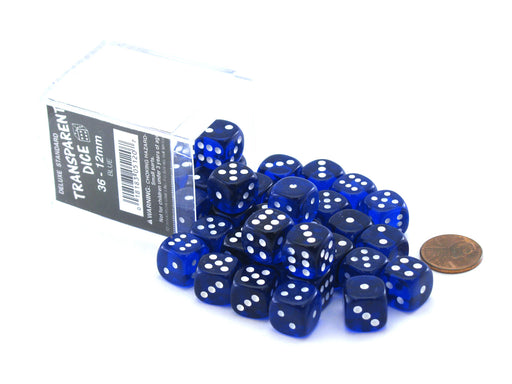 Case of 36 Deluxe Transparent Small 12mm Round Edge Dice - Blue with White Pips