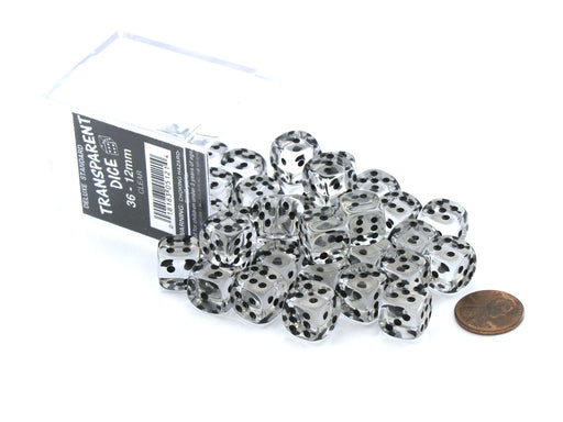 Case of 36 Deluxe Transparent Small 12mm Round Edge Dice - Clear with Black Pips