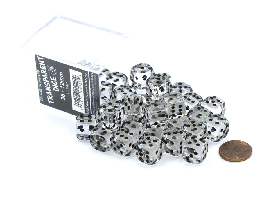 Case of 36 Deluxe Transparent Small 12mm Round Edge Dice - Clear with Black Pips