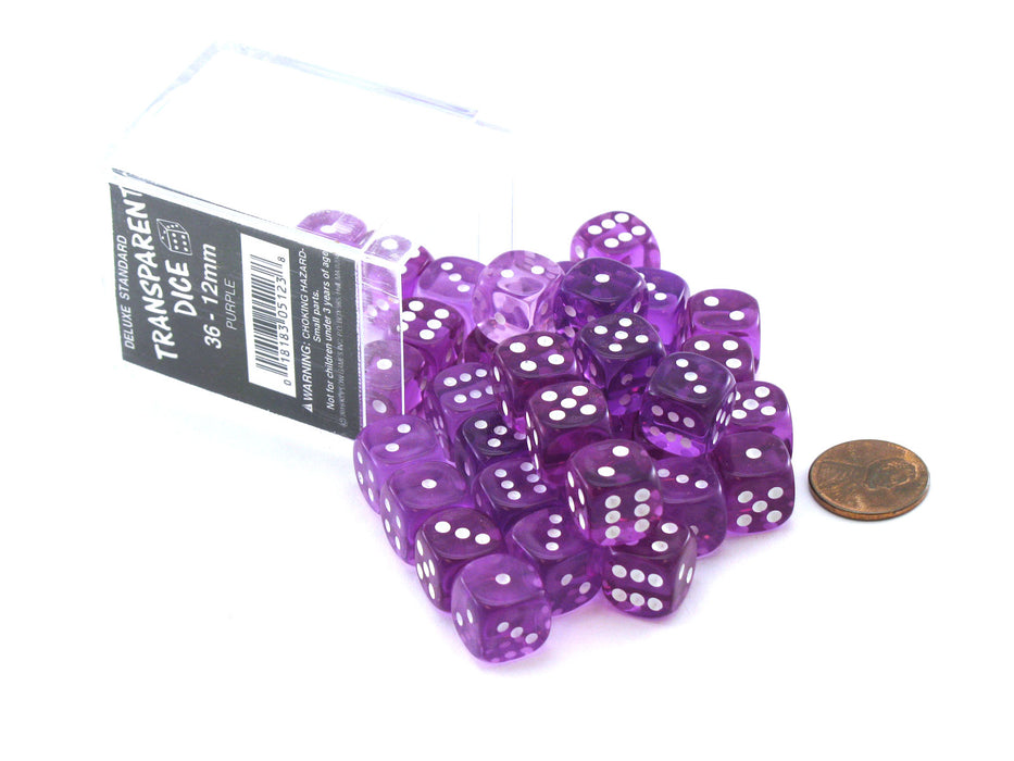 Case of 36 Deluxe Transparent Small 12mm Round Edge Dice - Purple with White