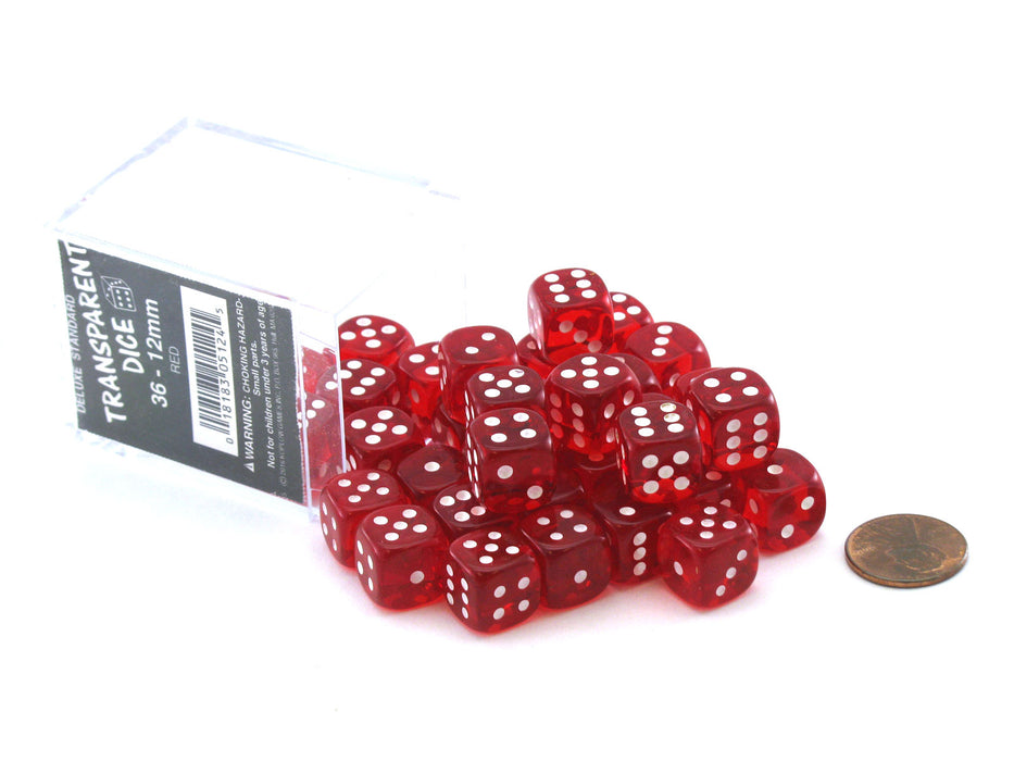 Case of 36 Deluxe Transparent Small 12mm Round Edge Dice - Red with White Pips