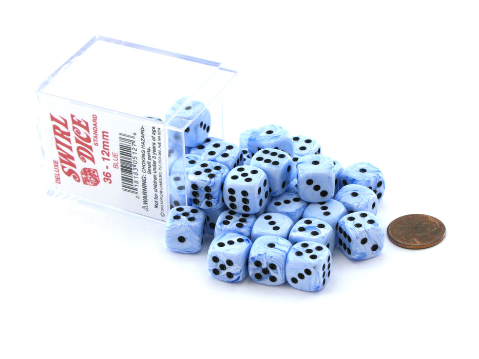 Case of 36 Deluxe Swirl Small 12mm Round Edge Dice - Blue with Black Pips