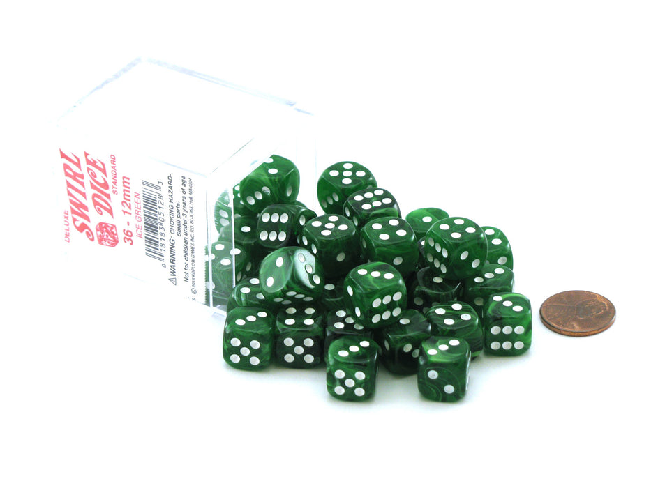 Case of 36 Deluxe Swirl Small 12mm Round Edge Dice - Ice Green with White Pips