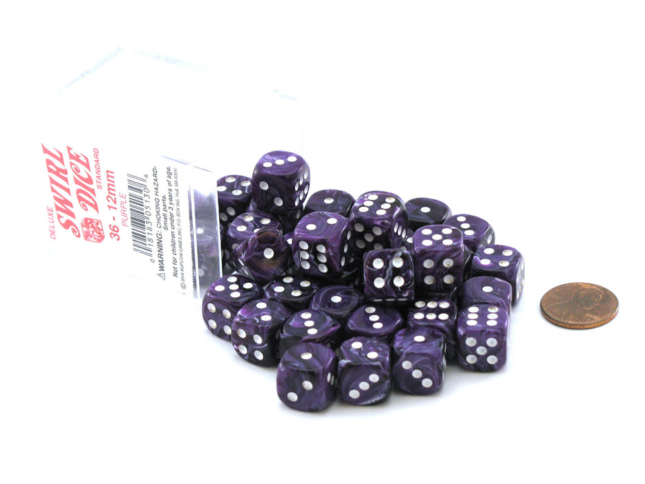 Case of 36 Deluxe Swirl Small 12mm Round Edge Dice - Purple with White Pips