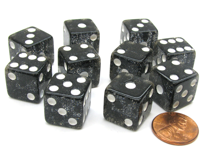 Set of 10 D6 16mm Glitter Dice - Black with White Pips