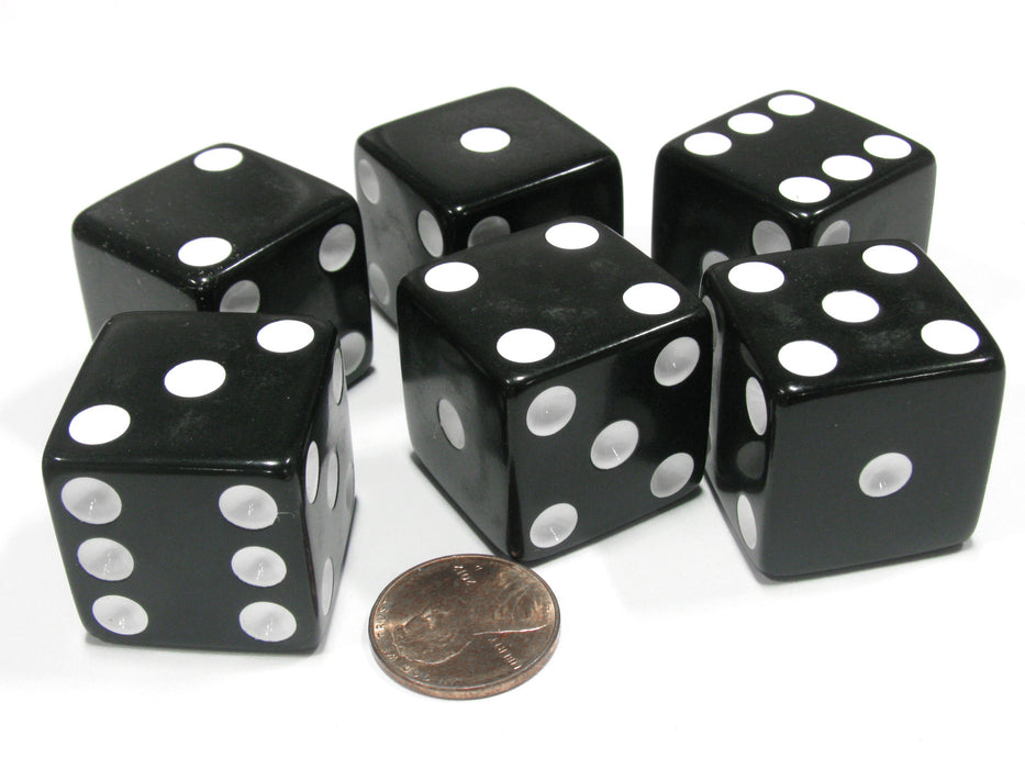 Set of 6 D6 25mm Large Opaque Jumbo Dice - Black with White Pip