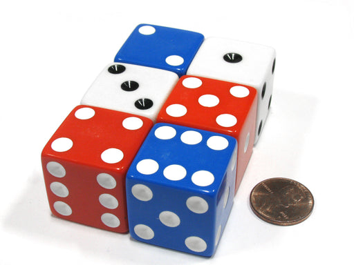 Set of 6 Patriotic D6 25mm Large Opaque Jumbo Dice- 2 Each of Red White and Blue