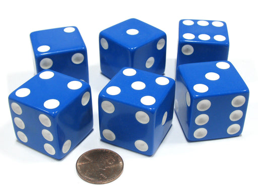 Set of 6 D6 25mm Large Opaque Jumbo Dice - Blue with White Pip
