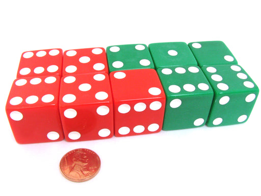 Set of 10 D6 25mm Large Opaque Jumbo Christmas Dice - 5 Each of Red and Green