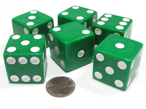 Set of 6 D6 25mm Large Opaque Jumbo Dice - Green with White Pip