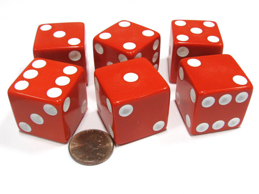 Set of 6 D6 25mm Large Opaque Jumbo Dice - Red with White Pip