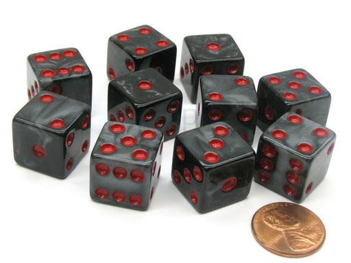 Set of 10 D6 16mm Marbleized Square Corner Dice - Charcoal with Red Pips