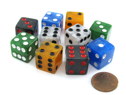 Set of 10 D6 16mm Marbleized Dice - 2 Each of Pearl Gold Black Green and Blue
