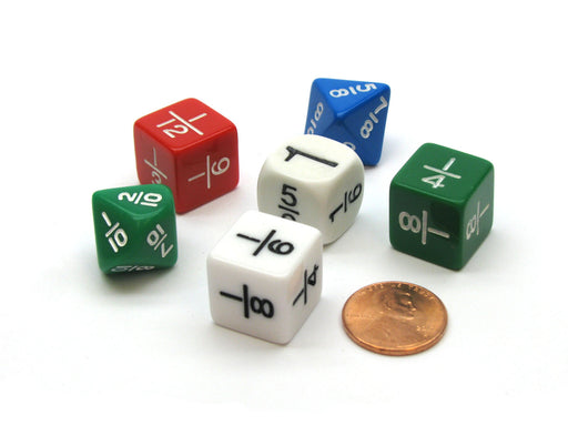 Pack of 6 16mm Opaque Fractions Dice - Assorted Colors