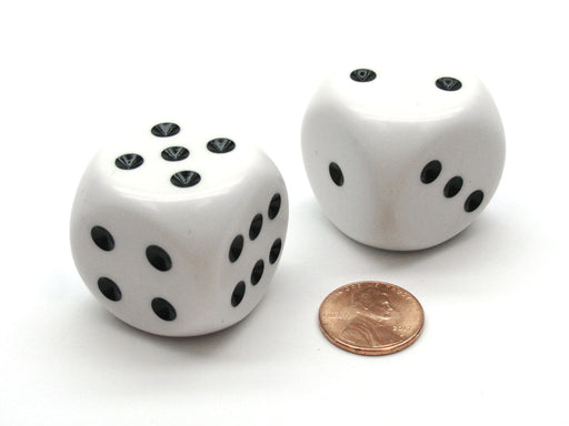 Pack of 2 Large 32mm Round Corner Opaque Dice - White with Black