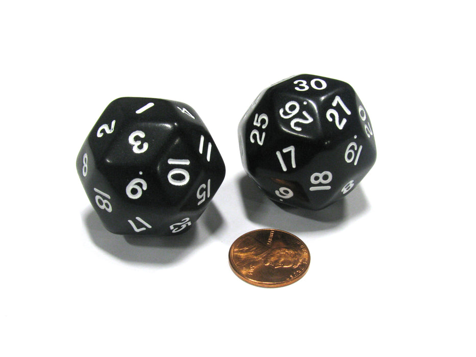 Set of 2 Triantakohedron D30 30 Sided 33mm Jumbo Dice - Black w White Numbers