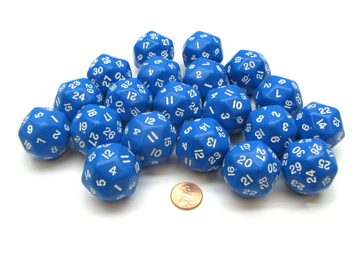 Set of 20 Triantakohedron D30 30 Sided 33mm Jumbo Dice - Blue w White Numbers
