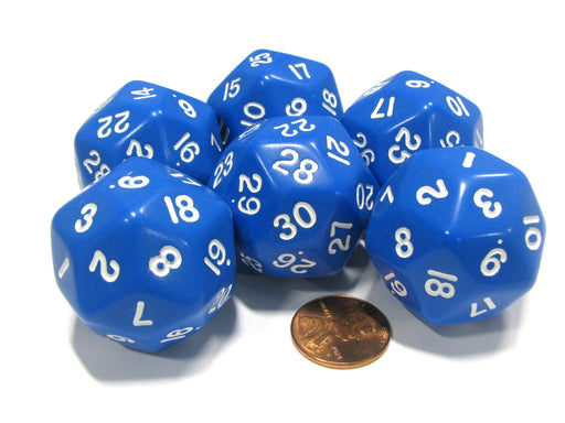 Set of 6 Triantakohedron D30 30 Sided 33mm Jumbo Dice - Blue w White Numbers