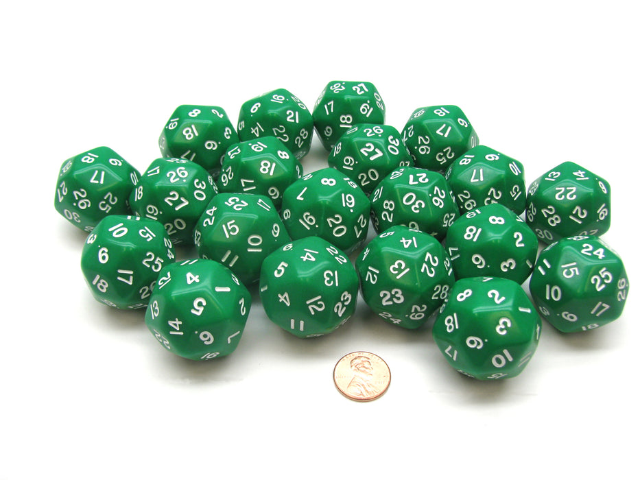 Set of 20 Triantakohedron D30 30 Sided 33mm Jumbo Dice - Green w White Numbers