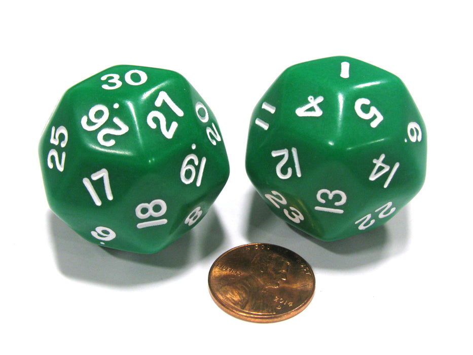Set of 2 Triantakohedron D30 30 Sided 33mm Jumbo Dice - Green w White Numbers