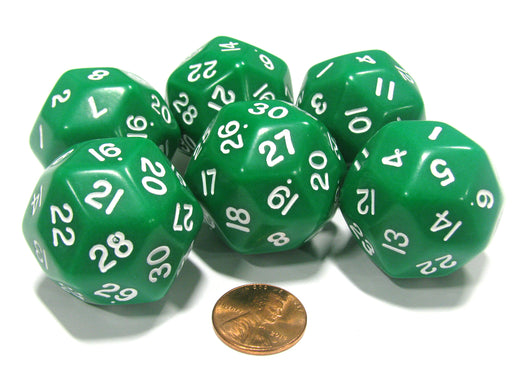 Set of 6 Triantakohedron D30 30 Sided 33mm Jumbo Dice - Green w White Numbers