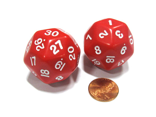 Set of 2 Triantakohedron D30 30 Sided 33mm Jumbo Dice - Red w White Numbers